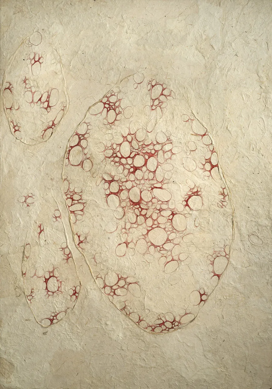 Zelle rot 01, 2016, Papier kaschiert auf Holz mit Buntstift, 100 x 7 0 cm
